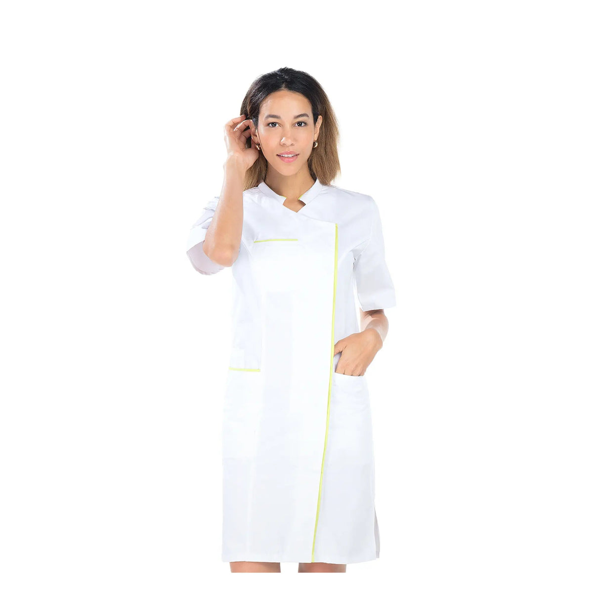 Aline - Blouse longue - Manches courtes - Femme - 100 cm My Podologie  Sergé-Blanc-Grany-T6-XXXL