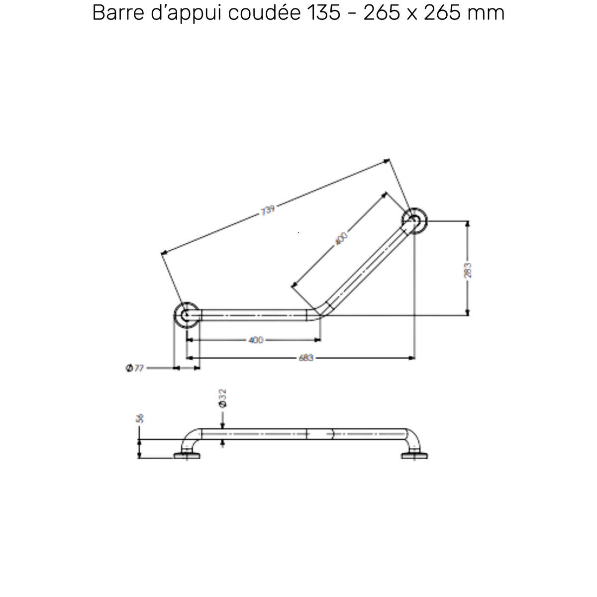 Barre d'Appui Inox Coudée 135° - 2 dimensions - AKW