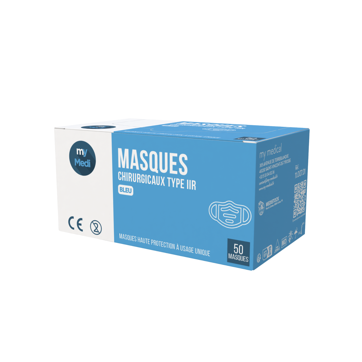 Masque chirurgical 3 plis de type IIR  - Norme EN14683 - Certification CE - Boîte de 50 masques - My Médical - My Médical