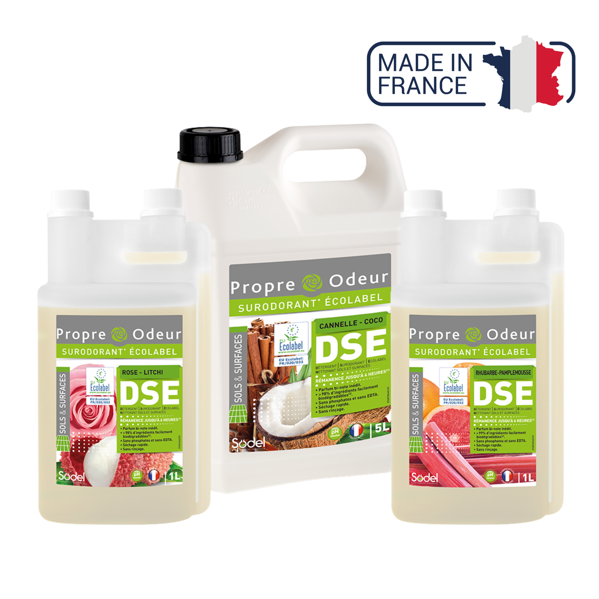 DSE - Détergent Surodorant Ecolabel - 3 parfums - 1L ou 5L - Sodel Exeol 