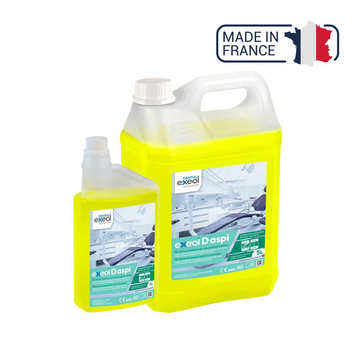 Exeol D aspi - Détergent désinfectant des tuyaux d'aspiration dentaire - 1L et 5L - Sodel - My Médical