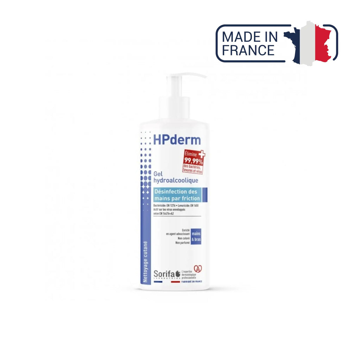 HPderm - Gel hydroalcoolique - Désinfection par friction - plusieurs contenances Laboratoire Sorifa  Flacon pompe 500 ml